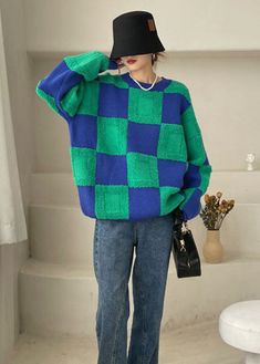 Plus Size Green Thick Plaid Knit Sweater Winter Plus Size Y2k, Winter Knit Sweater, Y2k Sweater, Plus Size Fits, Plus Size Sweaters, Checkered Pattern, Cozy Sweaters, Sleeve Designs, Plaid Scarf