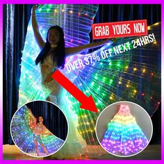 a woman in a white dress is dancing with colorful lights on her body and the words grab yours now over $ 50 off next 24hrs