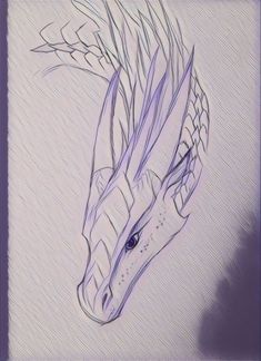 a drawing of a dragon's head with purple hair and blue eyes is shown