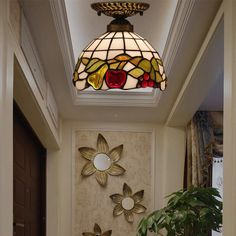 a lamp hanging from the ceiling in a hallway next to a potted plant and door