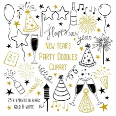 new year's party doodles clipart with fireworks, champagne glasses and hats