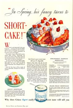 an old advertisement for short - cake with strawberries and cream cheesecake on it