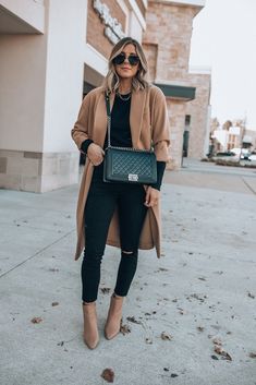 Austin Fall Fashion, Edgy Boss Outfits, Winter Outfits Daytime, Nyc Fall Work Outfits, Outfits For Sales Job, Women’s Winter Night Outfit, Black Pants Tan Boots Outfit, Vegas Day Outfit Winter Casual, Khaki Wool Coat Outfit