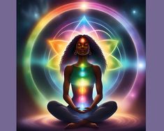 a woman sitting in the middle of a circle with her eyes closed while holding a chakra