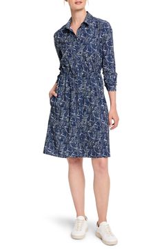 An allover print enlivens this crisp shirtdress designed with a defining drawcord waist. 36 1/2" length Front button closure Spread collar Long sleeves Drawcord-toggle waist Unlined 92% recycled polyester, 8% spandex Hand wash, dry flat Imported Casual Drawstring Dresses For Work, Nordstrom, Collar, Long Sleeve, Design