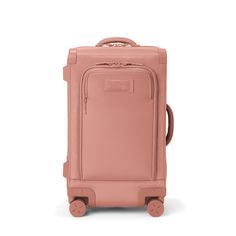 Front view of Seattle carry-on rolling luggage 23.5” in warm dust Pink Luggage With Sleeve For Business Trips, Pink Luggage With Sleeve For Overnight Trips, Pink Luggage With Luggage Sleeve For Overnight Trips, Luxury Pink Luggage With Sleeve, Dagne Dover, Carry On Suitcase, Carry On Luggage, Pet Carriers, You Bag