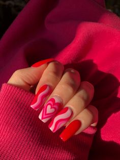 long hand painted pink and red nails with heart line design Red And Pink Acrylics, Red An Pink Nails, Powerpuff Girls Heart Nails, Pink And Red Valentine Nails Short, Pink Red White Nails, Powerpuff Heart Nails, Edgy Valentines Nails Almond, Retro Valentines Nails, Powerpuff Girls Nails Acrylic