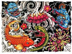 an artistic tattoo design with fish, flowers and dragon on the side of a wall