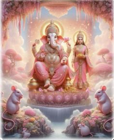 an image of the hindu god ganeshi with his three little mouses in front of him