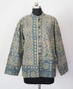 Welcome To Our Shop Product: One-Of-A-kind Handmade 100% Cotton Vintage Kantha Jacket. Color: Multi-color as Shown in Image. Fabric: 100% cotton ( Handmade In India ) The design of the jacket is very unique and very rare. Indian culture and associated with grace and beauty. Old hand made raali more then 1970s old pieces collected From villages Of Thar Desert converted into the vintage jacket and backside beautiful embroidery elephant work, This Raali belongs to higher caste people they give this Traditional Long Sleeve Tops For Winter, Traditional Long Sleeve Winter Tops, Bohemian Cotton Outerwear With Stand Collar, Fall Bohemian Outerwear With Stand Collar, Festive Patchwork Long Sleeve Outerwear, Festive Stand Collar Outerwear For Winter, Traditional Winter Festival Tops, Festive Long Sleeve Patchwork Outerwear, Bohemian Long Sleeve Cotton Outerwear