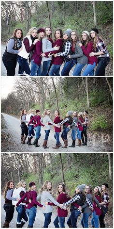 a group of people holding hands and posing for pictures in the woods with trees behind them