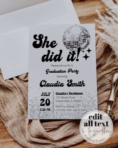 a white and black disco ball themed graduation party card with the words she did it