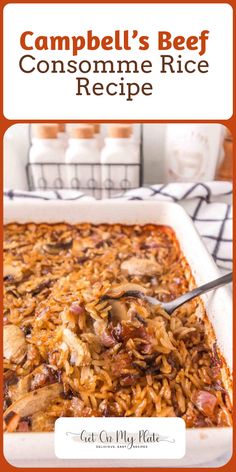 campbell's beef and rice recipe in a white casserole dish with text overlay