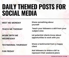 a white poster with the words daily themed posts for social media and pink flowers on it