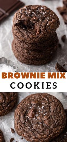 chocolate brownie mix cookies stacked on top of each other with the title above it