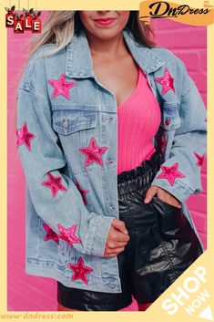 Sequin Star Flap Pocket Denim Jacket Denim Style, Star Design, Denim Jackets, Star Designs, Outerwear Women, Flap Pocket, Denim Fashion, Trend Setter, Diy Clothes