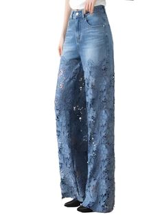 Flare lace mid blue jeans pants - Wapas Drape Pants, Chic Blouses, Lace Patchwork, Princesa Diana, Washed Denim, Denim Trousers, Wide Leg Denim, Lace Design, Straight Pants