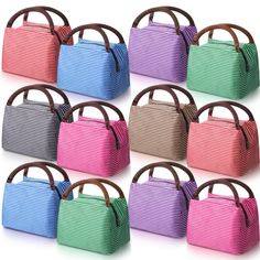 six different colored handbags sitting next to each other