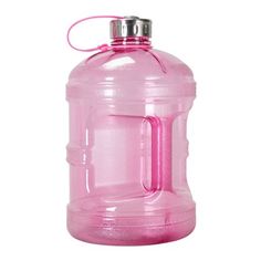 a large pink plastic water bottle with a metal cap on the top and bottom part