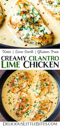 creamy, cheesy chicken with cream sauce in a skillet