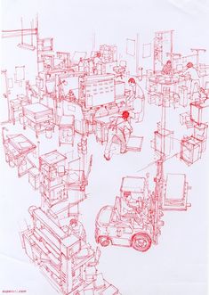 a drawing of a man standing next to a forklift in a warehouse filled with boxes