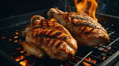 two pieces of chicken cooking on the grill