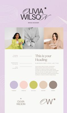 the website design for livva wilson is shown in purple, yellow and green colors