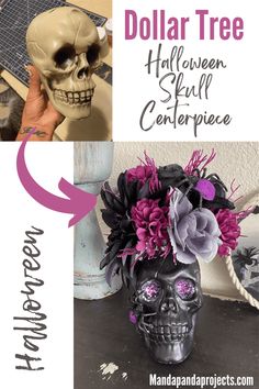 the dollar tree halloween skull centerpiece is decorated with purple flowers