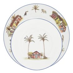 a plate with palm trees and houses painted on it