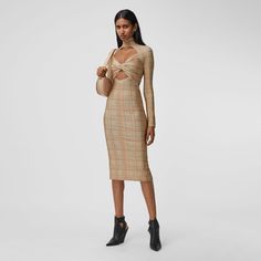 Cut-out Check Stretch Jersey Dress in Dark Honey - Women | Burberry United States Luxury Fall Midi Dress, Dresses With Feathers, Designer Dresses For Women, Luxury Dresses, Tailored Dress, Silk Slip, Luxury Dress, Turtle Neck Dress, Jersey Dress