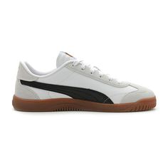 Inspired by terrace culture, the casual sneaker Puma club 5v5 is born on the pitch and connects our love for football with a modern court silhouette. The upper features a coated leather material combined with synthetic leather. The t-toe on the vamp as well as the stitching lines incorporate football dna but are reinterpreted in a modern way. The low-to-the ground rubber outsole comes along with a wavy outlook providing durability in style. The gold foil lateral puma branding adds to the premium Casual White Skate Shoes With Translucent Outsole, Sneakers Puma, The Vamps, Synthetic Leather, Leather Material, Sneakers White, Casual Sneakers, Gold Foil, Womens Sneakers