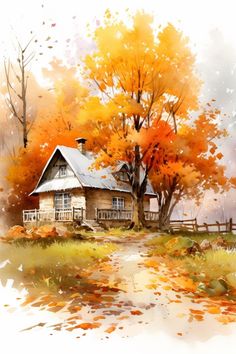 a painting of a house in the fall with leaves on the ground and trees around it