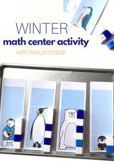 a tray with four penguin and polar bear magnets on it that read winter math center activity