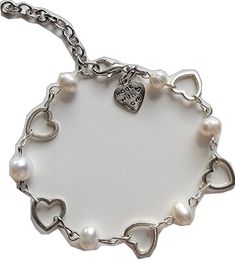 Metal Pearl Bracelet With Adjustable Chain, Adjustable Heart-shaped Pearl Bracelet, Metal Charm Bracelet With Pearl Chain, Adjustable Metal Pearl Chain Bracelet, Trendy Pearl Bracelet With Pearl Charm, White Heart-shaped Metal Charm Bracelet, White Pearl Heart Bracelet With Pearl Charm, Pearl Charm Metal Bracelet, White Pearl Bracelet With Adjustable Chain