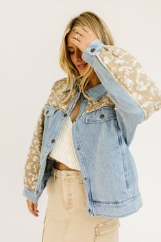 an oversized jacket with a twist, it has a puffer coat feel + features a brown paisley pattern along the top panels. both stylish + functional, it’s the perfect denim coat to layer with any winter // spring outfit. denim + taupe // collared, mixed fabric, pockets, snap buttons, cuffed sleeves, quilted sleeves paired with our charlotte wrap top + hillary cargo mini skirt + navene boots model is 5'8" + wearing a small measurements are approximate + taken while laying flat small : bust 51” length 2 Patching Denim Jacket, Navene Boots, Denim Jacket Pattern, Quilted Sleeves, Outfit Denim, Cargo Mini Skirt, Brown Paisley, Denim Quilt, Womens Denim Shirt