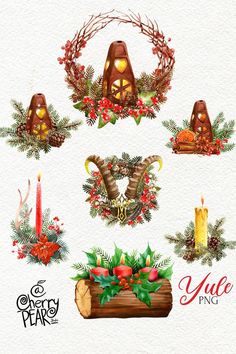 christmas wreaths and candles watercolor clipart png example for use in scrapbooking