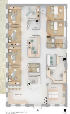 the floor plan for an office with multiple desks and chairs, including one bed