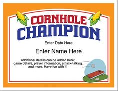 Personalized and editable cornhole certificates.  #certificates #games Coaching Youth Sports, Certificates Template, Family Reunion Activities, Fantasy Football Gifts, Football Awards, Custom Cornhole Boards, Cornhole Board, Sports Coach