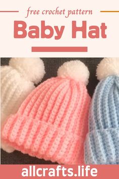 two knitted hats with pom poms on top and the text free crochet pattern baby hat