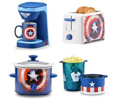 four different types of kitchen appliances with captain america designs on them, including a crock pot and an american flag mug