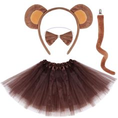 PRICES MAY VARY. Monkey Costume Set: you will get 4 pieces cute monkey costume accessory kit, including 1 monkey ear headband, 1 bowtie, 1 tail, 1 tutu skirt, a best dress up accessory for any event celebration Reliable Material: brown monkey costume are mainly made of flannelette, soft and comfortable to wear, and the tutu is made of polyester, solid and reliable; the monkey tail with an clip are easy to attaches around the waist Suitable Size: this monkey costume accessories is flexible and ap Monkey Costume, Headband Design, Monkey Costumes, Animal Halloween Costumes, Bear Costume, Bow Tie Set, Ears Headband, Hair Rings, Hair Hoops