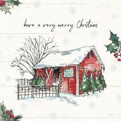 a christmas card with a red barn and holly