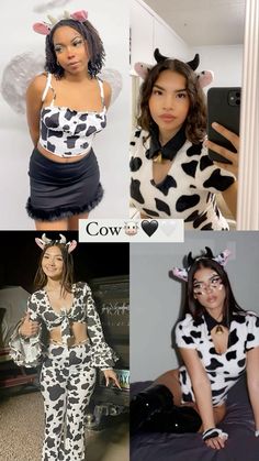 four different pictures of women dressed up in cow costumes, including one wearing a cat costume