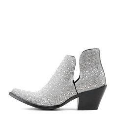 A sparkly take on our fan-favorite Dixon, this boot will be the star of any party outfit. Covered top to toe in crystals, it'll catch the light whenever you walk into the room. The ultimate compliment magnet. Dixon Glitz Bootie | Product Features : 0 : ATS® technology provides ergonomic support on uneven terrain, 1 : Hand nailed and color stained vegetable-tanned leather sole, 2 : Ariat is including you in its dedication to environmental stewardship. By purchasing this product, you are supportin Silver Pointed Toe Boots With Rhinestones, Silver Glitter Boots With Pointed Toe, Silver Pointed Toe Boots With Rhinestone Rivets, Elegant Rhinestone Closed-toe Boots, Silver Glitter Pointed Toe Boots, Boots Store, Genuine Leather Boots, New West, Veg Tan Leather