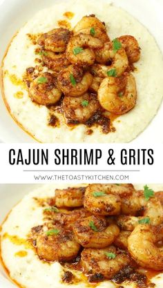 cajun shrimp and grits on top of white grits with garnish