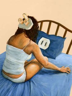 a painting of a woman sitting on a bed with her leg in the air and wearing a bandage around her head