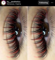 Lash Extensions With Red Color, Red And Black Lashes, Lash Extensions With Red, Christmas Eyelash Extensions, Red Eyelash Extensions, Red Lash Extensions, Red Lashes, Baddie Lashes