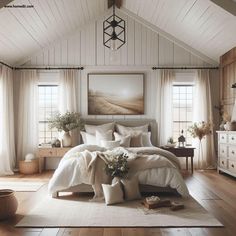 a bedroom with white bedding and wooden floors is shown in this image, there are two windows above the bed