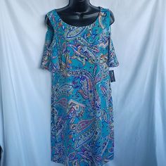 Questions? Leave A Comment Below! Spring Blue Paisley Print Dress, Elegant Blue Paisley Print Dress, Summer Blue Paisley Print Dress, Fitted Blue Midi Dress With Paisley Print, Fitted Blue Paisley Print Midi Dress, Paisley Dress, Cold Shoulder, Paisley, Blue Green