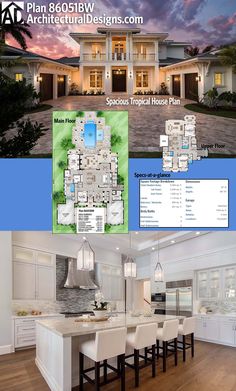 the floor plan for this luxury home is shown in three different views, including an open kitchen and living room